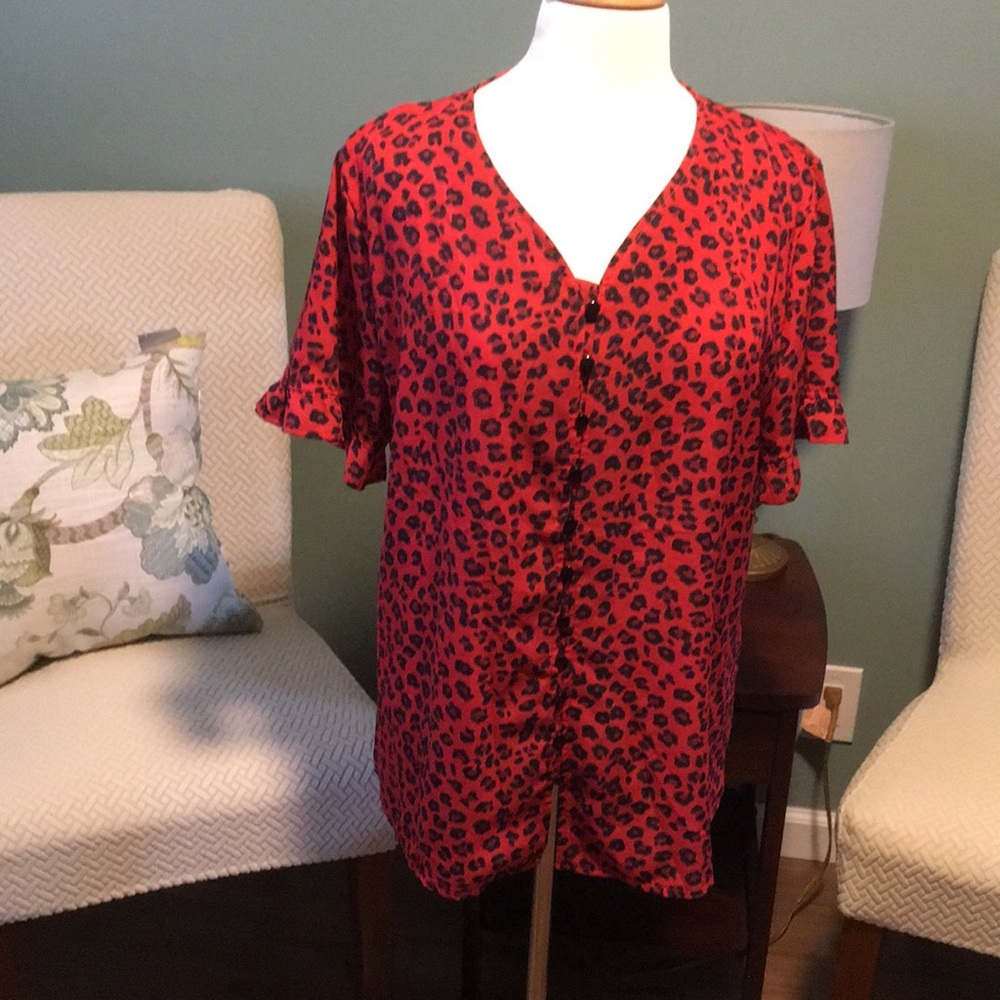 V Neck Short sleeve Leopard Print Chiffon Blouse